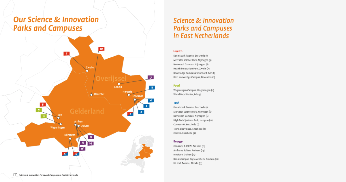 Overzichtskaart campussen uit brochure Science & Innovation Parks and Campuses in East Netherlands